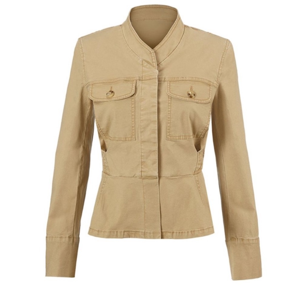 CAbi Camp Jacket Beige Khaki Cotton Button Long Sleeve Women’s Medium #5477